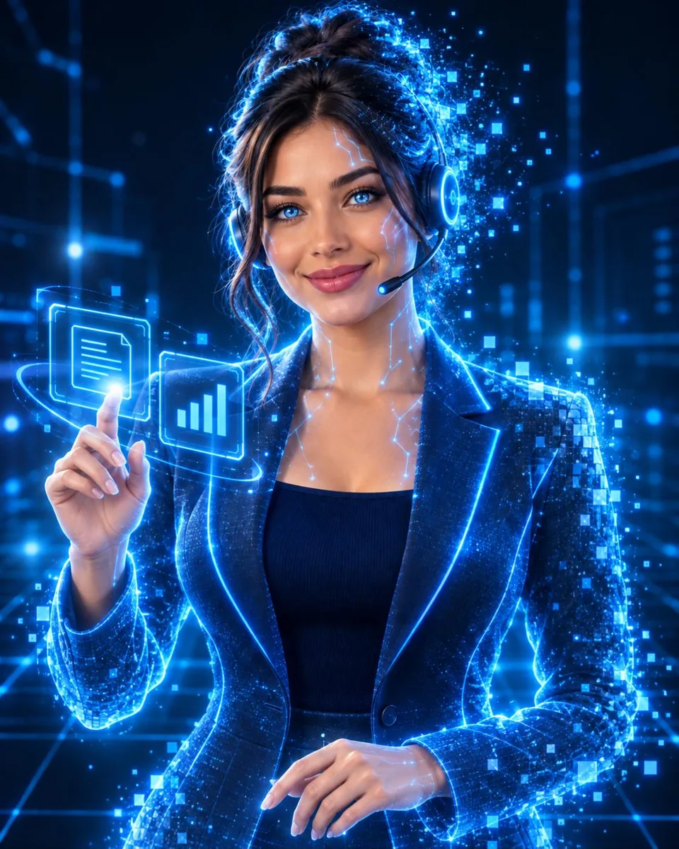Imagem da Mar.IA, assistente virtual com inteligência artificial da M&O, com fone de atendimento e painel holográfico